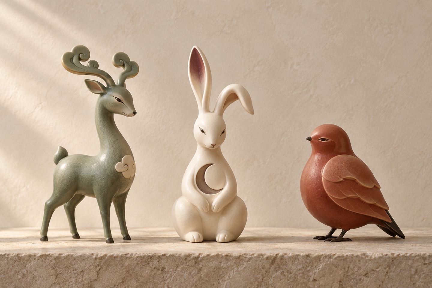 Original character concept studies: moss Cloud Deer, ivory Moon Hare and cinnabar Mountain Bird