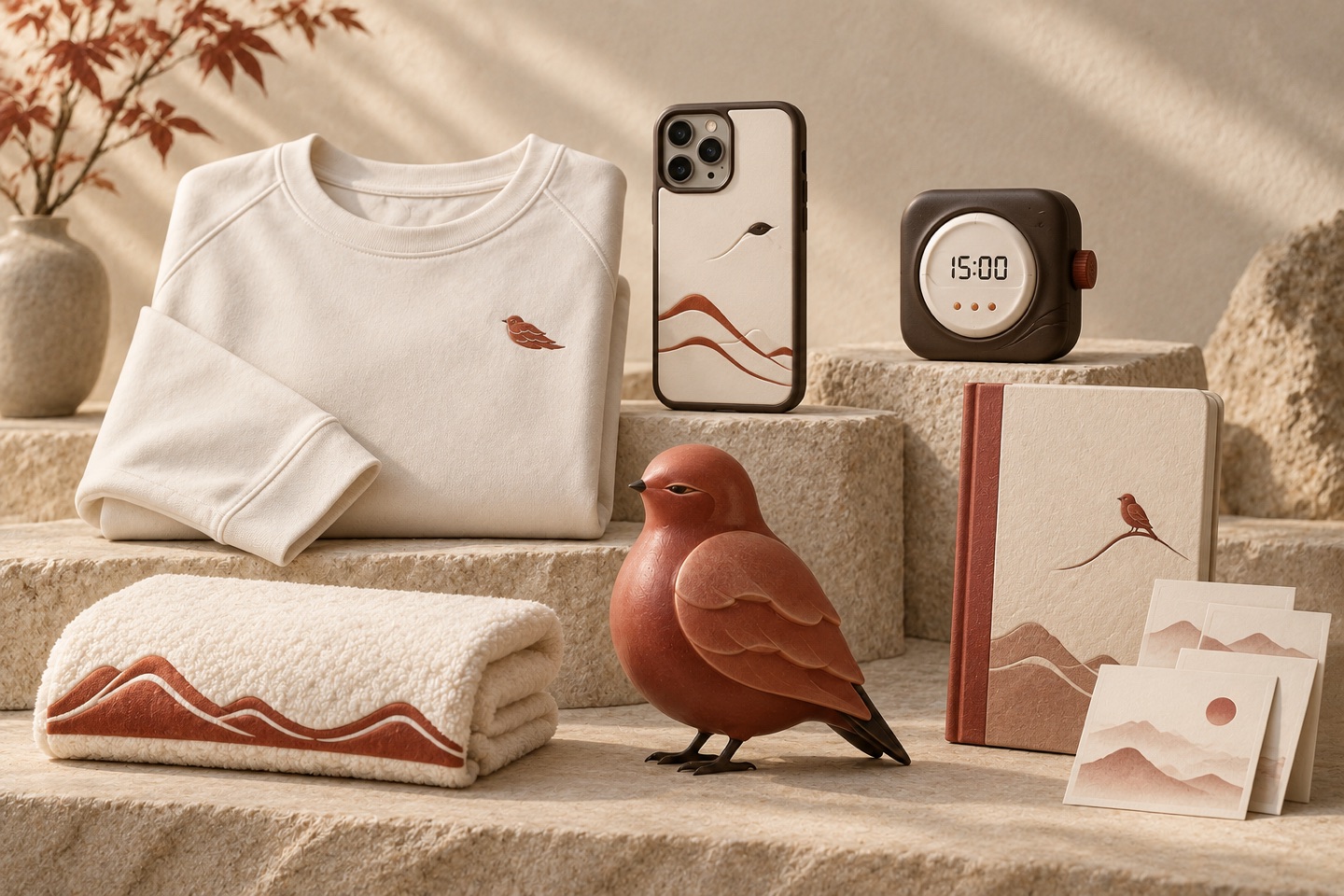 Mountain Bird coordinated concept collection including apparel, phone accessories, a character object and studio products