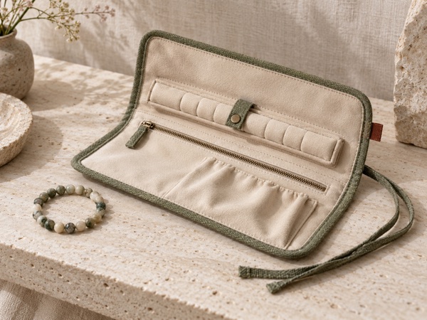 Open moss jewellery roll concept