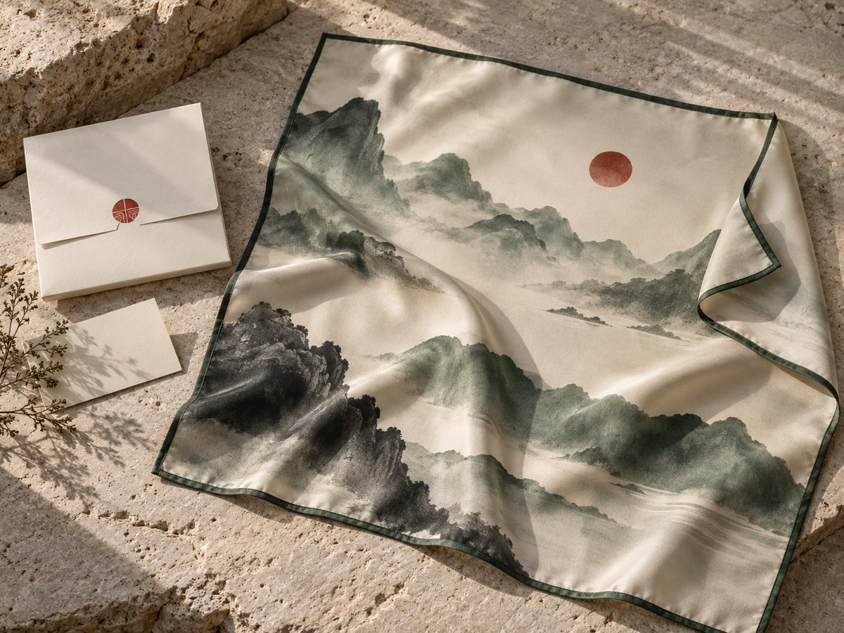Design concept: printed scarf · paper sleeve · message card in the A Landscape to Wear collection