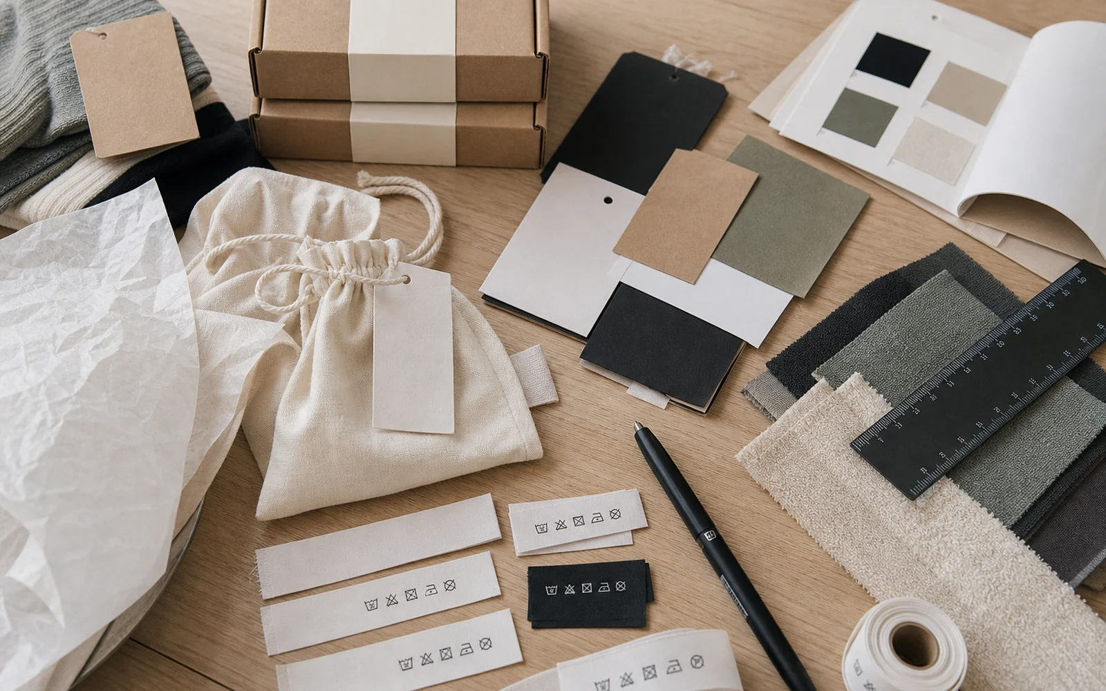 Blank labels, hangtags, pouches and packaging materials arranged for product development
