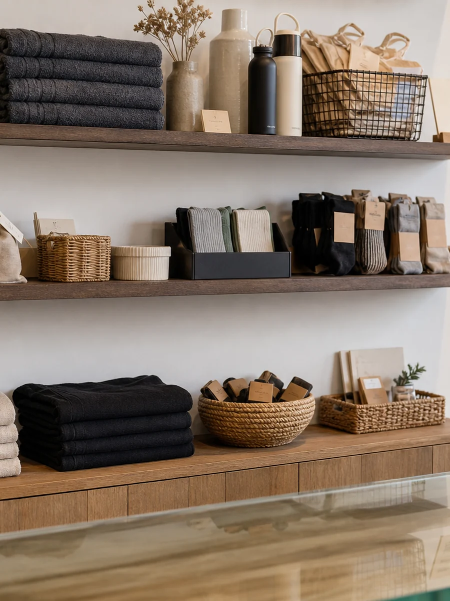 Studio retail shelf with towels, socks, pouches and wellness essentials