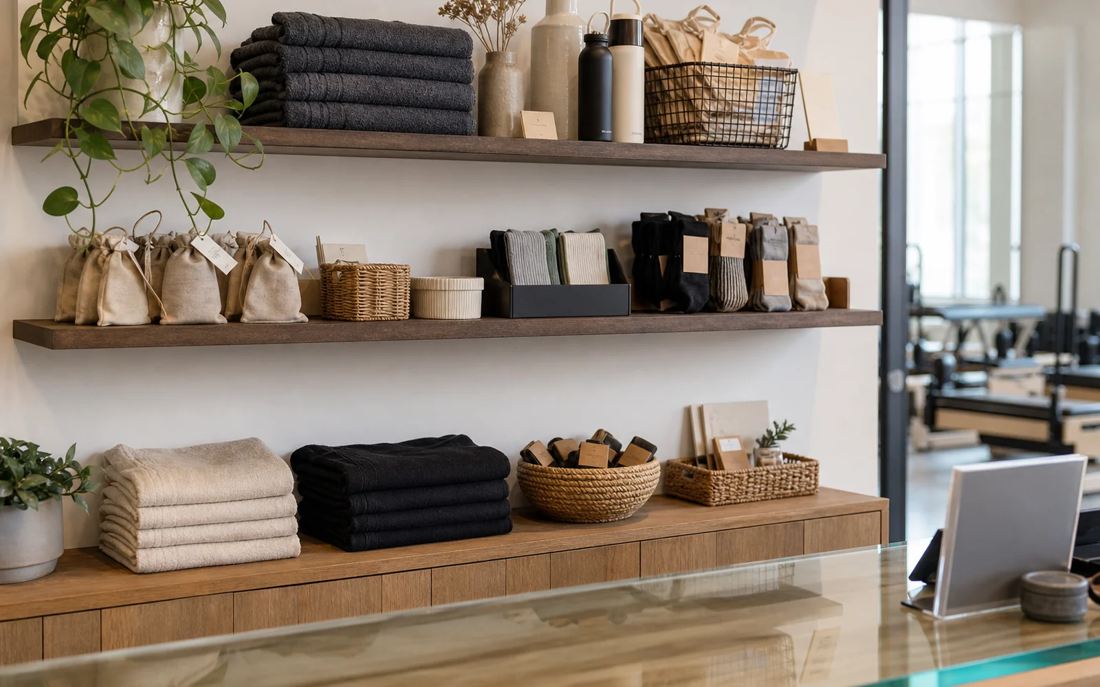 Studio retail shelf with towels, socks, pouches and wellness essentials