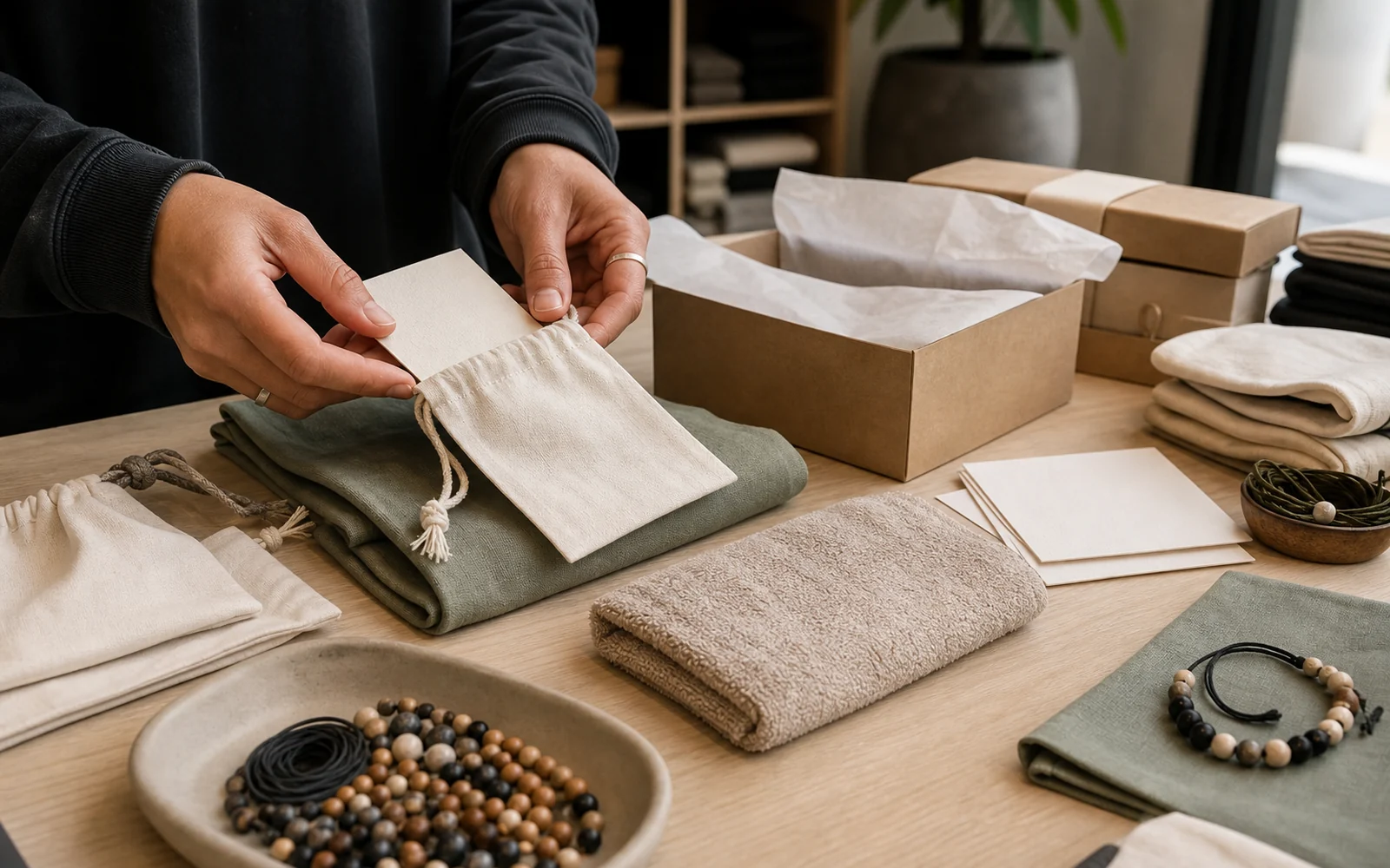 Ritual goods, pouches and member gift materials arranged on a studio packing table