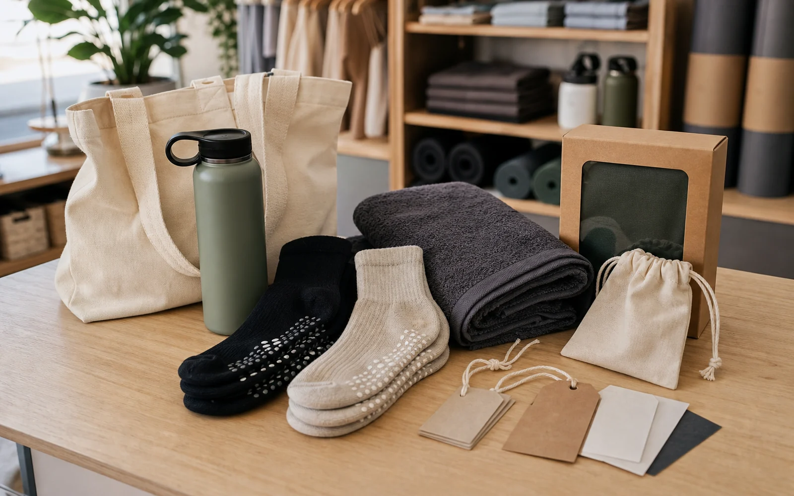 Studio essentials arranged on a product table with socks, towel, bottle and pouch